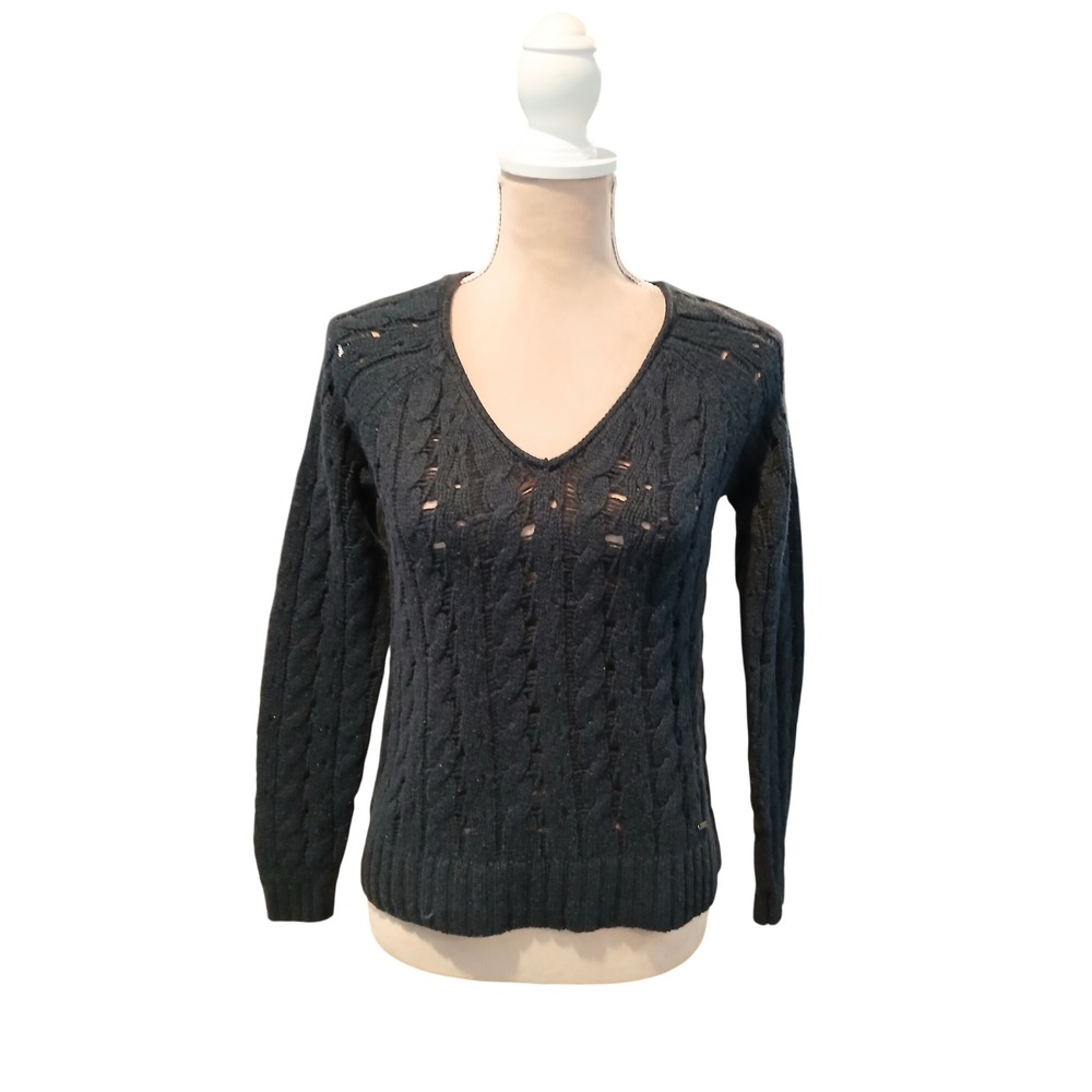 Abercrombie & Fitch Navy Blue Cable Knit Pointelle V-Neck Sweater Womens Medium